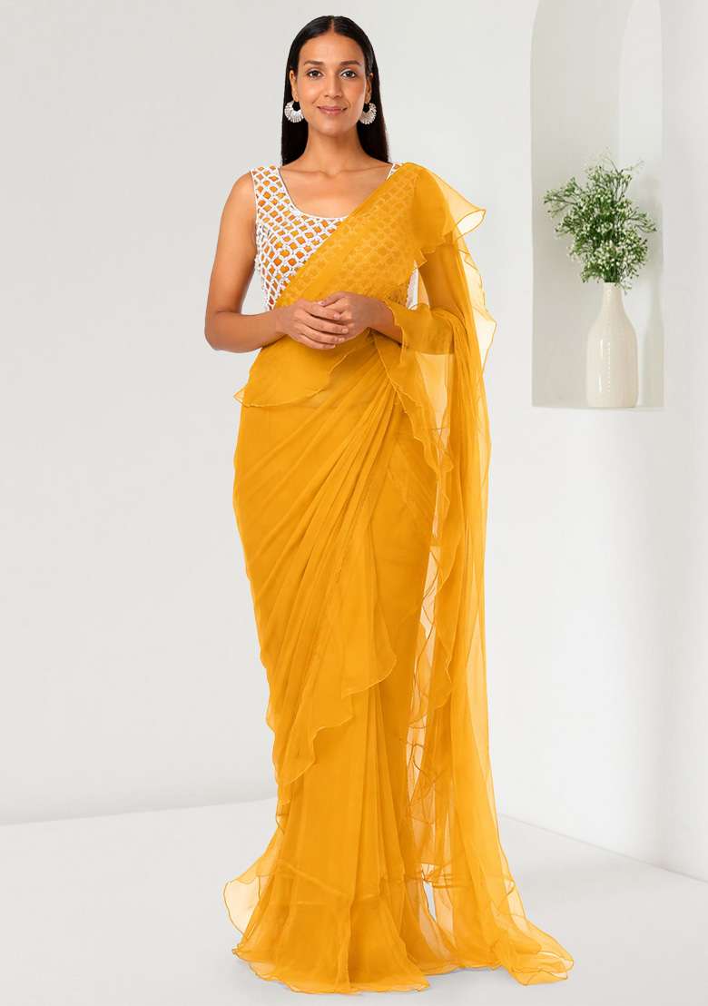 Golden Yellow Hand Work Embellished Chinon Pre Draped Saree Set - Indya