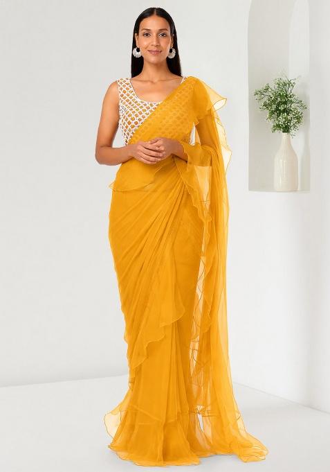 Golden Yellow Hand Work Embellished Chinon Pre Draped Saree Set