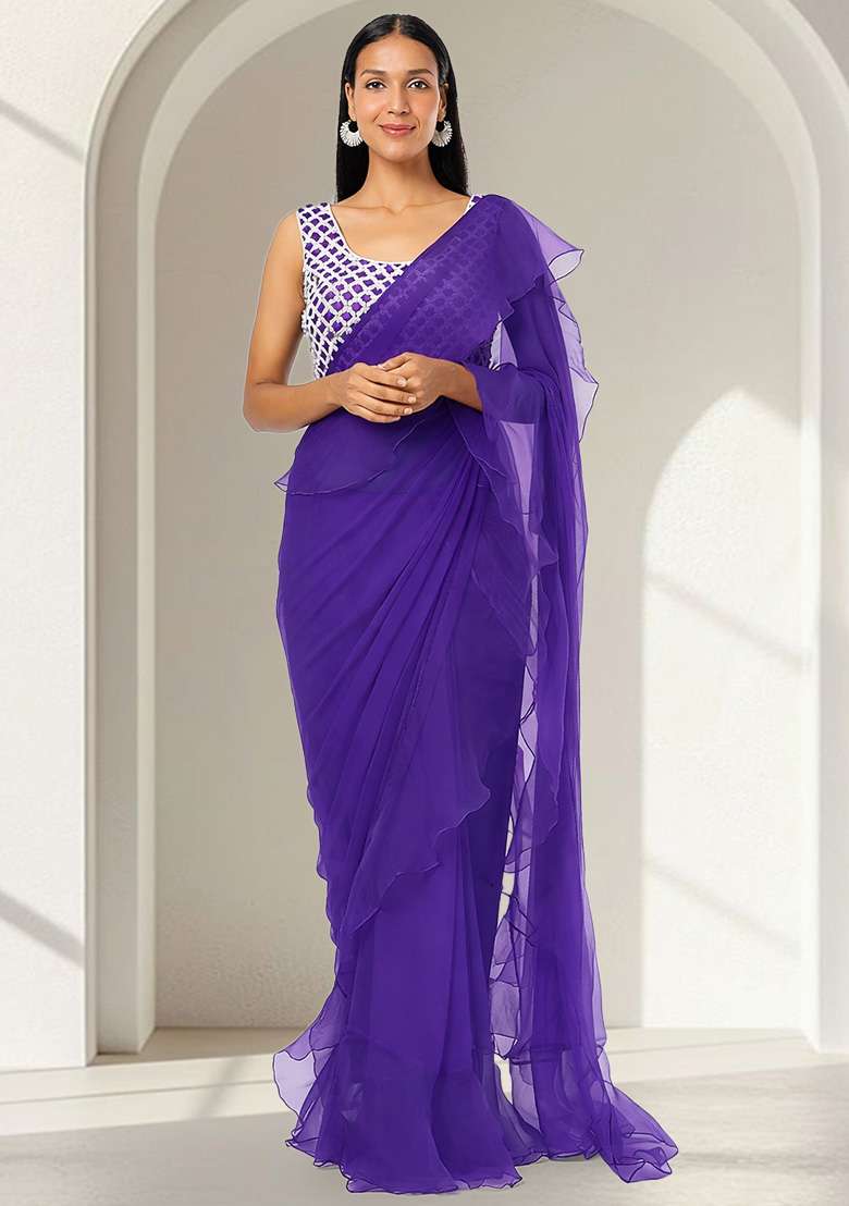 Violet Hand Work Embellished Chinon Pre Draped Saree Set - Indya
