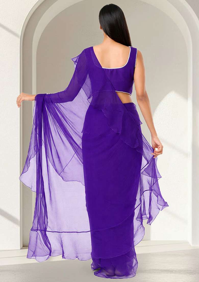 Violet Hand Work Embellished Chinon Pre Draped Saree Set - Indya