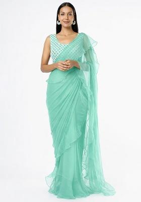 Mint Green Hand Work Embellished Chinon Pre Draped Saree Set