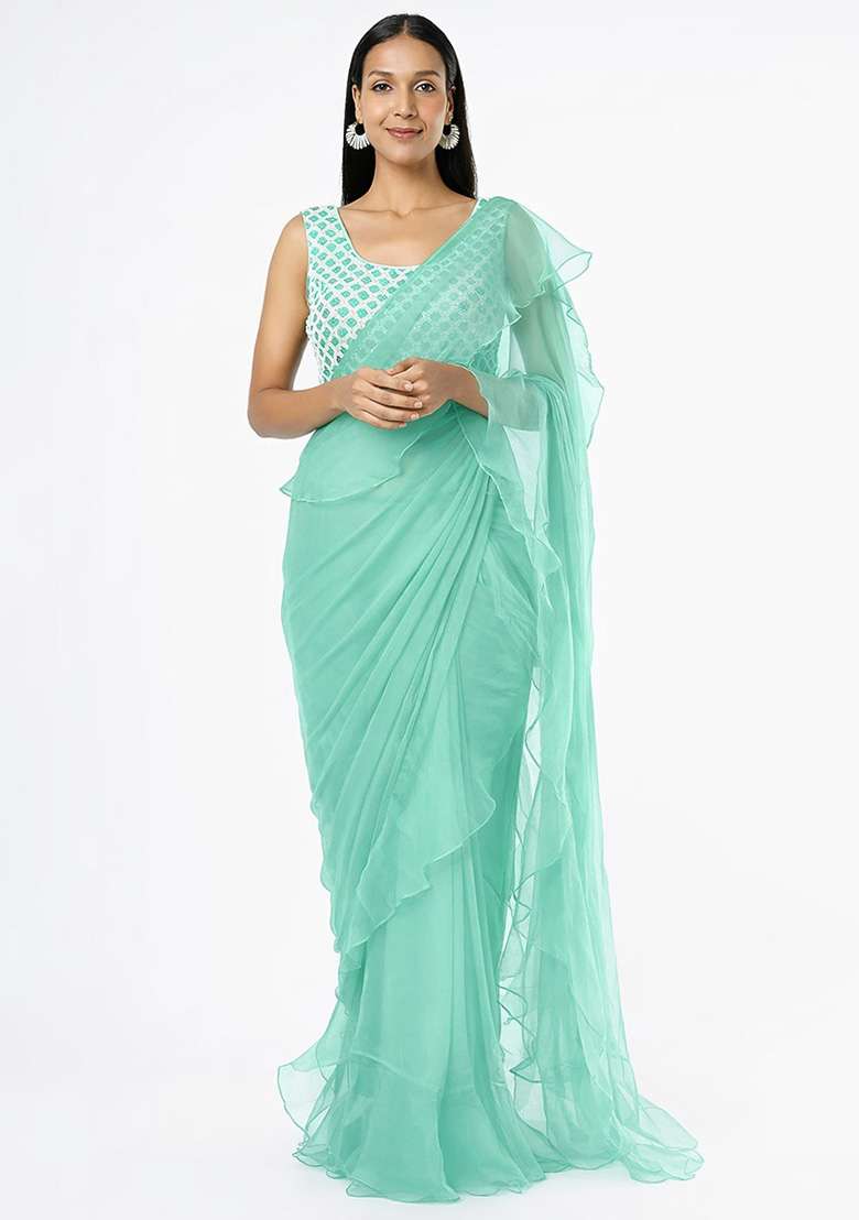 Mint Green Hand Work Embellished Chinon Pre Draped Saree Set - Indya