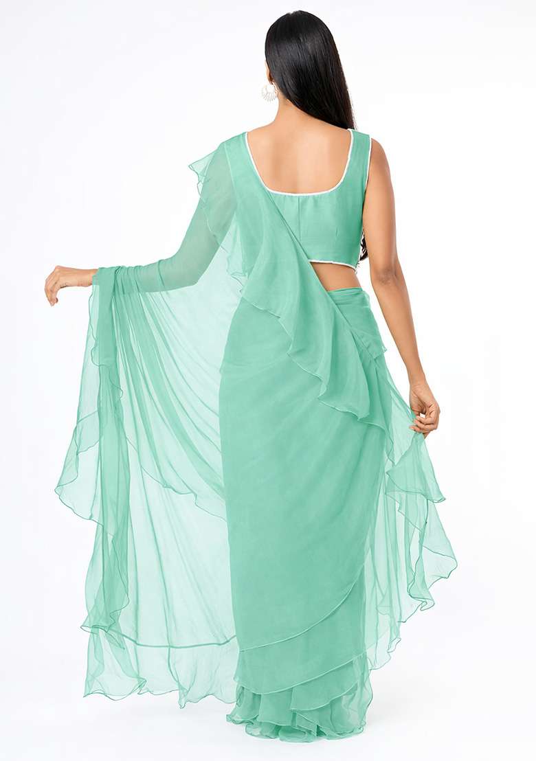 Mint Green Hand Work Embellished Chinon Pre Draped Saree Set - Indya