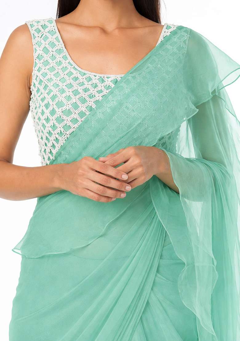 Mint Green Hand Work Embellished Chinon Pre Draped Saree Set - Indya