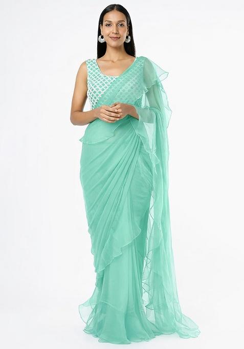 Mint Green Hand Work Embellished Chinon Pre Draped Saree Set