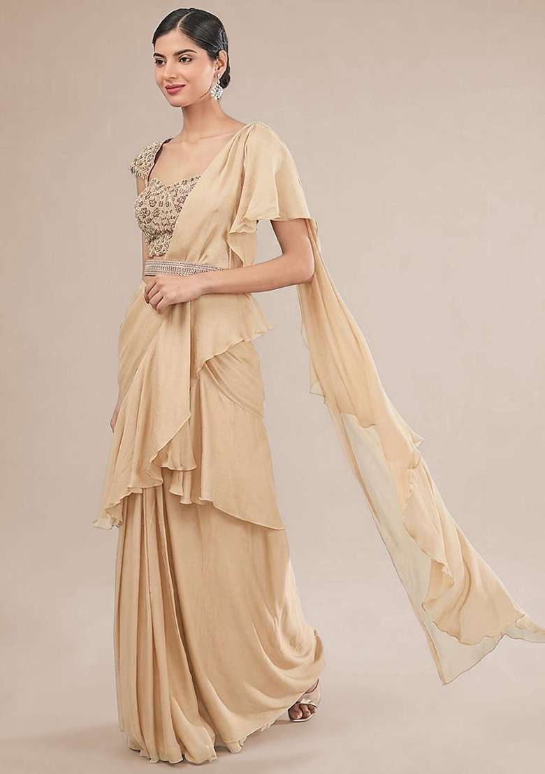 Beige Hand Work Embellished Chinon Pre Draped Saree Set - Indya