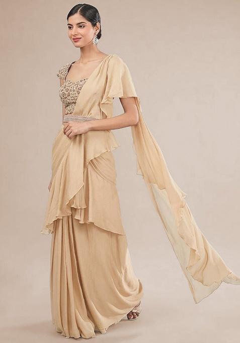Beige Hand Work Embellished Chinon Pre Draped Saree Set