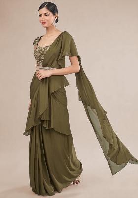 Light Green Hand Work Embellished Chinon Pre Draped Saree Set