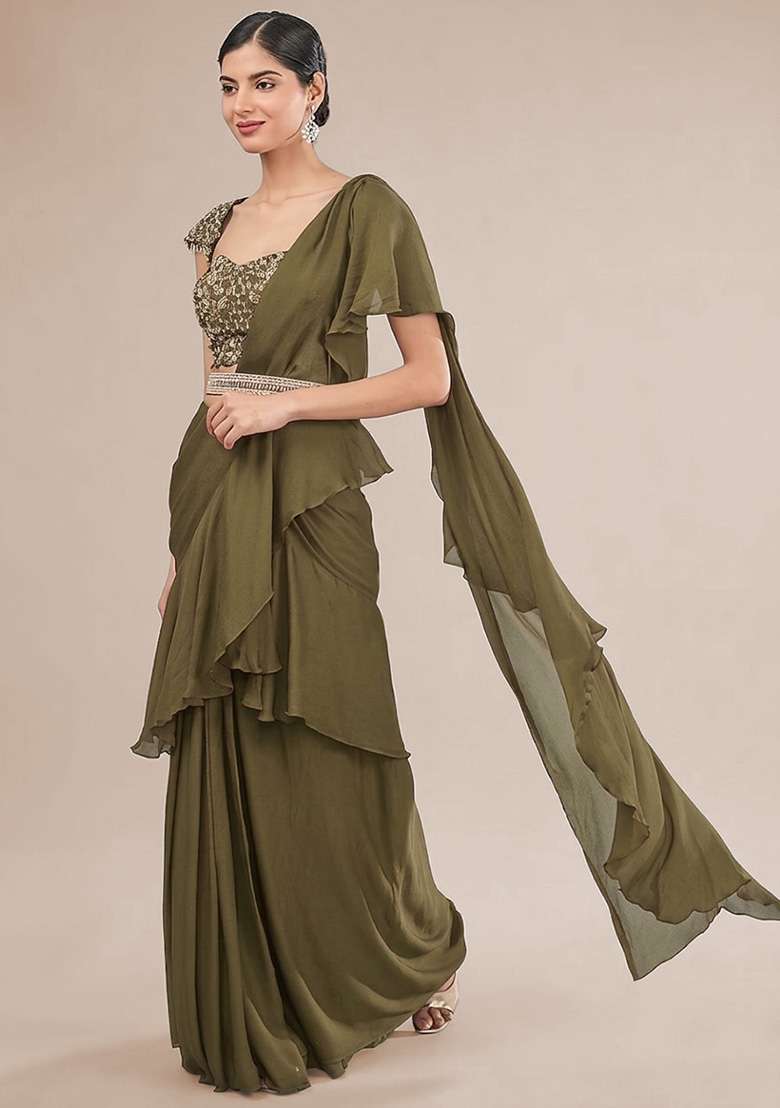 Light Green Hand Work Embellished Chinon Pre Draped Saree Set - Indya