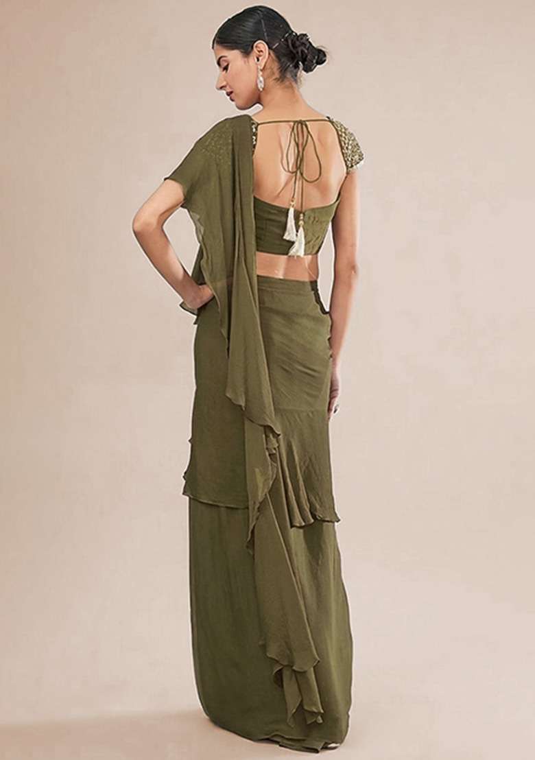 Light Green Hand Work Embellished Chinon Pre Draped Saree Set - Indya