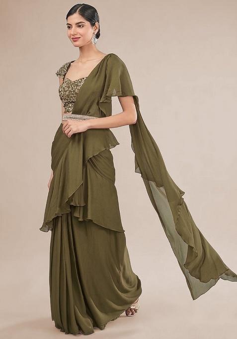 Light Green Hand Work Embellished Chinon Pre Draped Saree Set