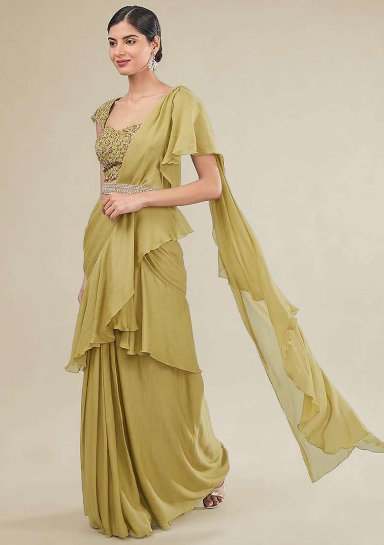 Soft Pink Hand Work Embellished Chinon Pre Draped Saree Set - Indya