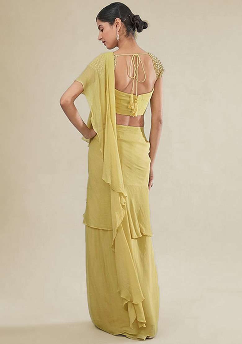 Soft Pink Hand Work Embellished Chinon Pre Draped Saree Set - Indya