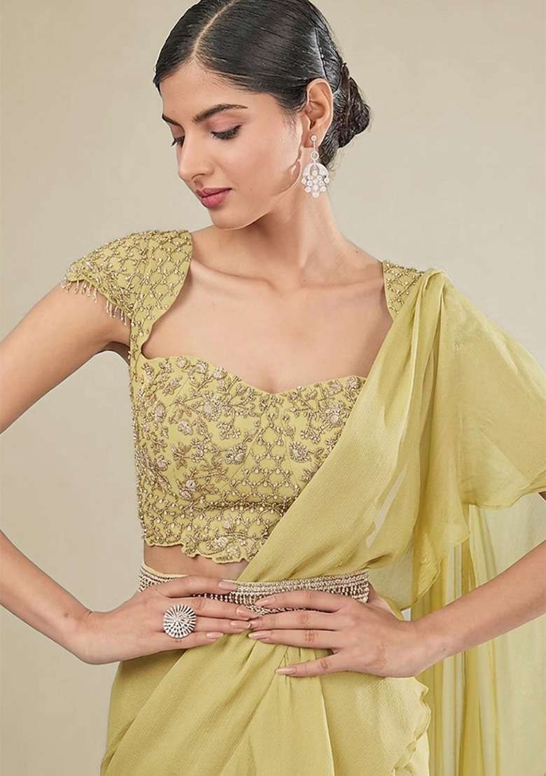 Soft Pink Hand Work Embellished Chinon Pre Draped Saree Set - Indya