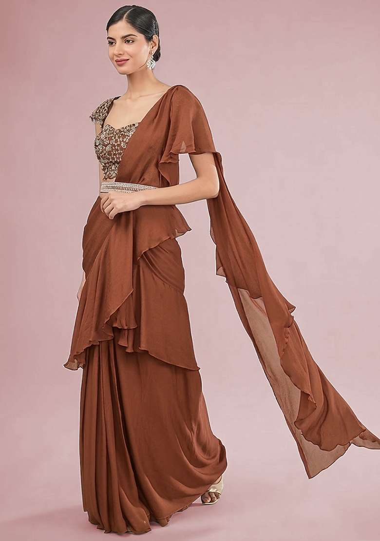 Brown Hand Work Embellished Chinon Pre Draped Saree Set - Indya