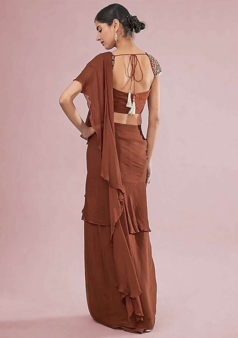 Brown Hand Work Embellished Chinon Pre Draped Saree Set - Indya