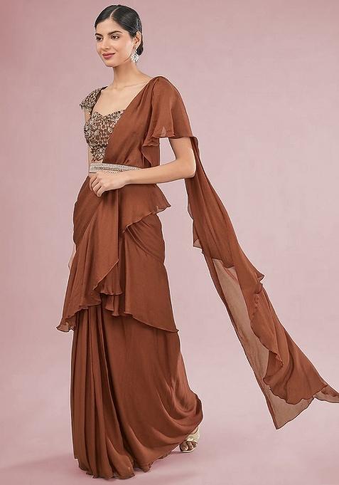 Brown Hand Work Embellished Chinon Pre Draped Saree Set