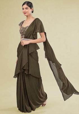 Olive Green Hand Work Embellished Chinon Pre Draped Saree Set