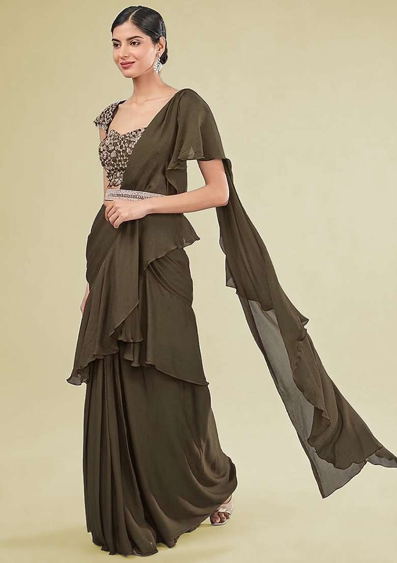 Olive Green Hand Work Embellished Chinon Pre Draped Saree Set - Indya