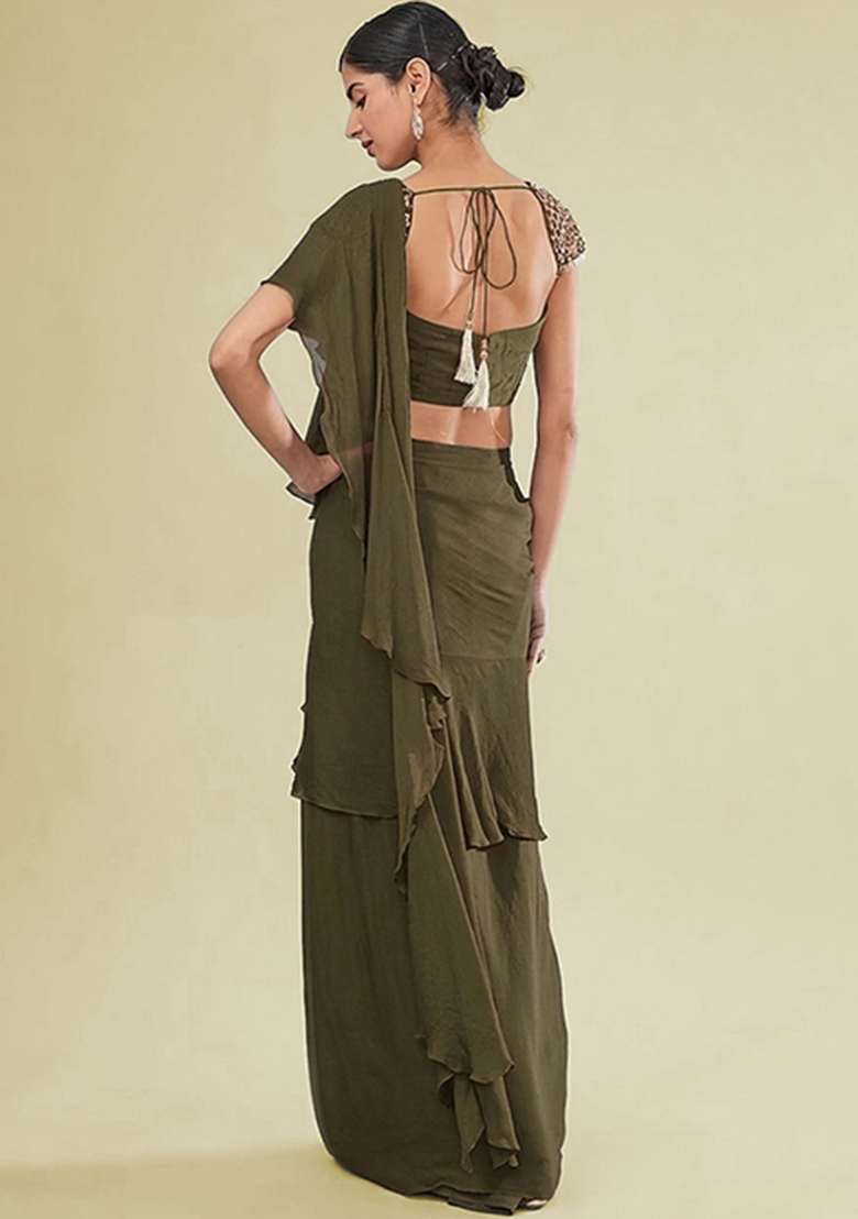 Olive Green Hand Work Embellished Chinon Pre Draped Saree Set - Indya