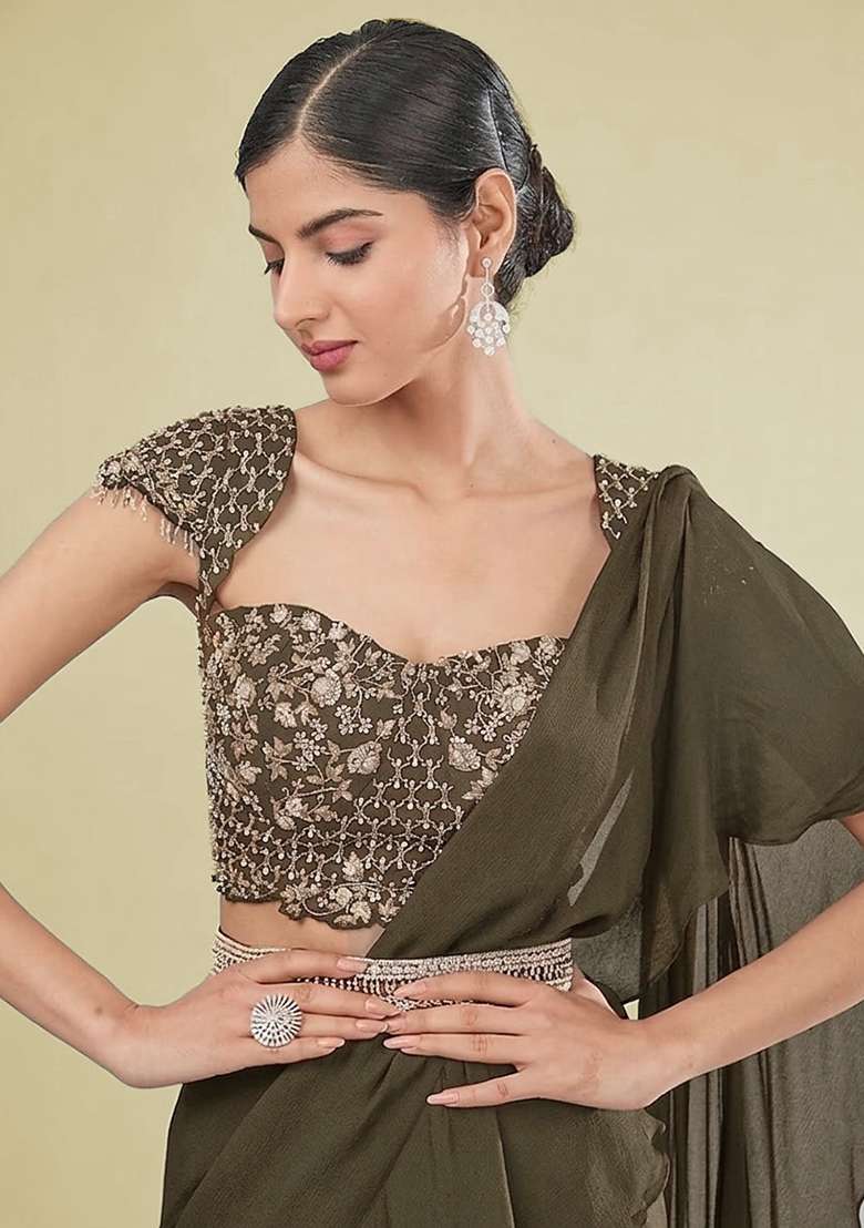 Olive Green Hand Work Embellished Chinon Pre Draped Saree Set - Indya