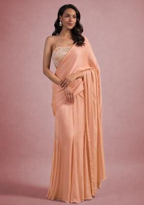 Peach Hand Work Embellished Satin Pre Draped Saree Set