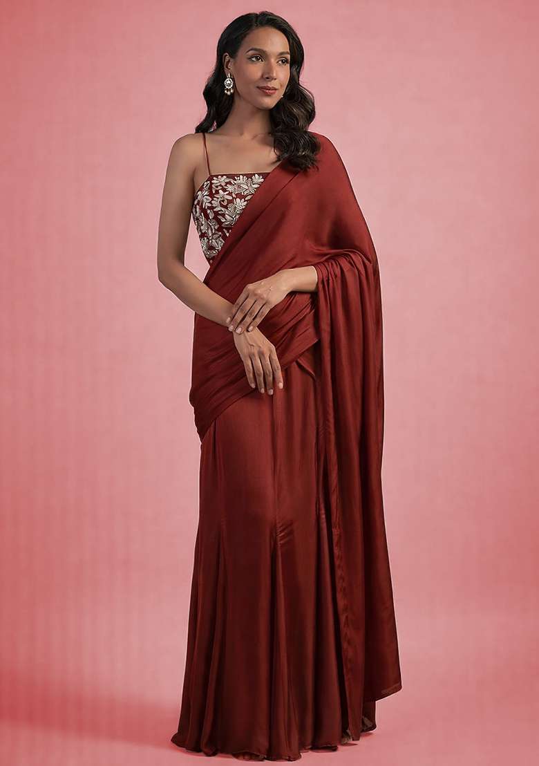 Deep Red Hand Work Embellished Satin Pre Draped Saree Set - Indya