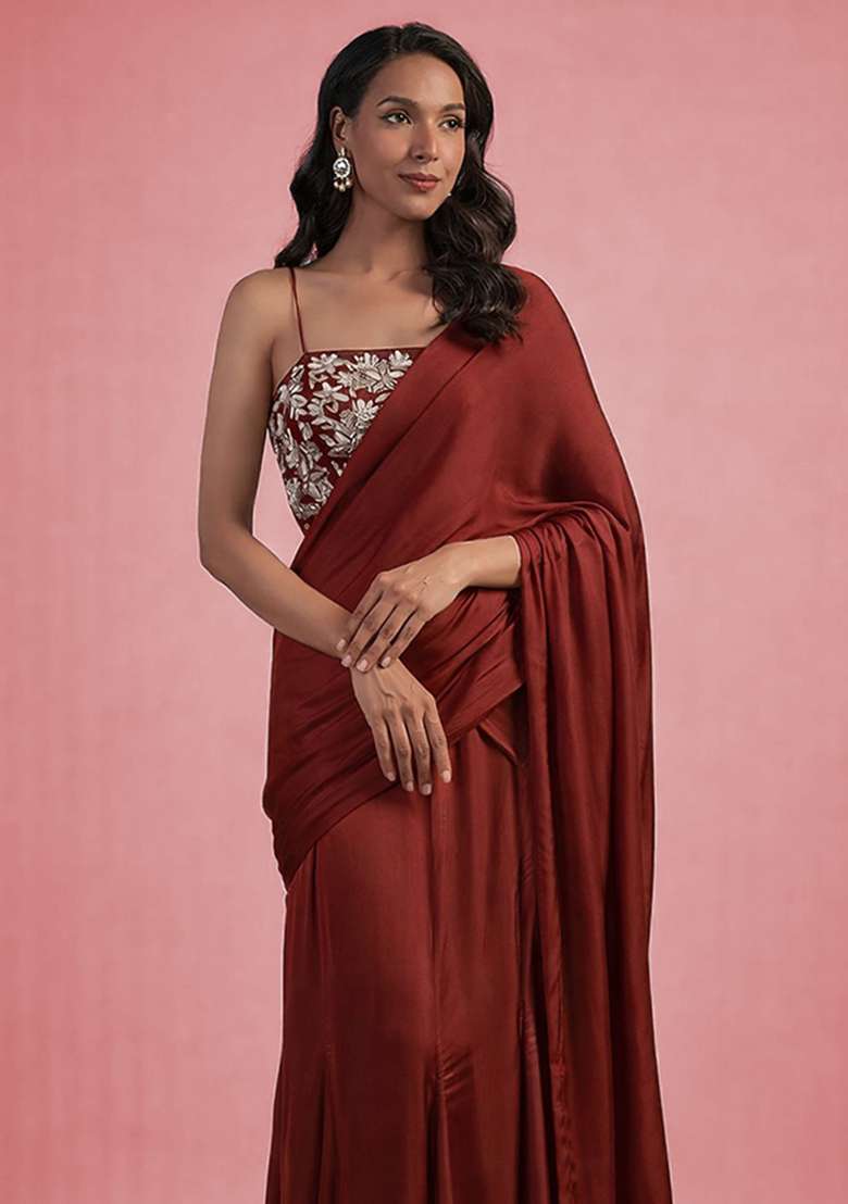 Deep Red Hand Work Embellished Satin Pre Draped Saree Set - Indya