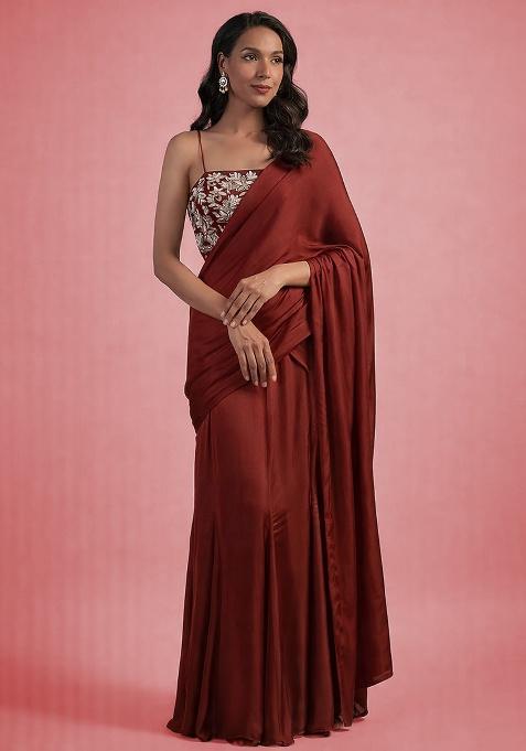 Deep Red Hand Work Embellished Satin Pre Draped Saree Set