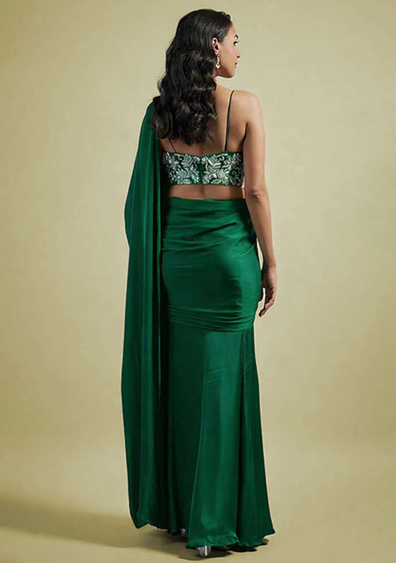 Dark Green Hand Work Embellished Satin Pre Draped Saree Set - Indya