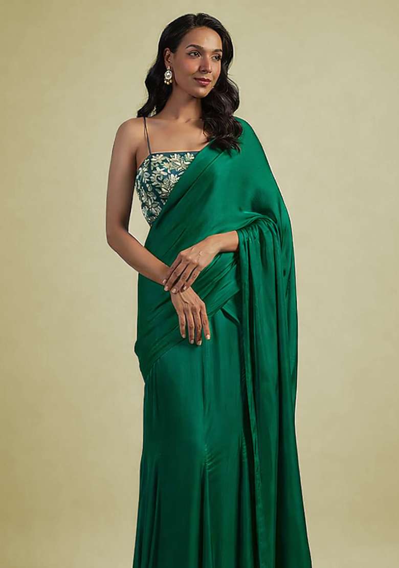 Dark Green Hand Work Embellished Satin Pre Draped Saree Set - Indya