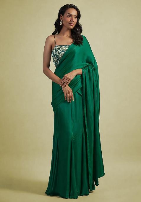 Dark Green Hand Work Embellished Satin Pre Draped Saree Set