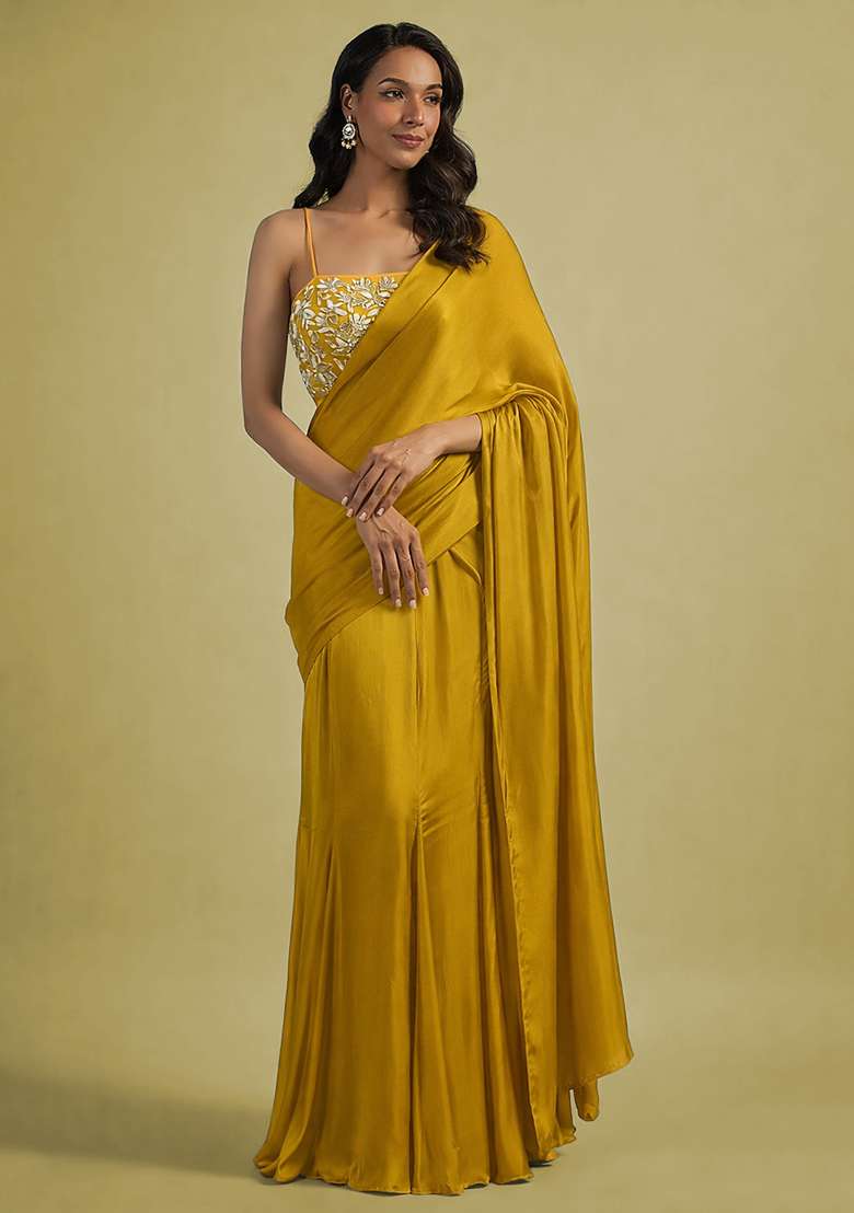 Golden Yellow Hand Work Embellished Satin Pre Draped Saree Set - Indya