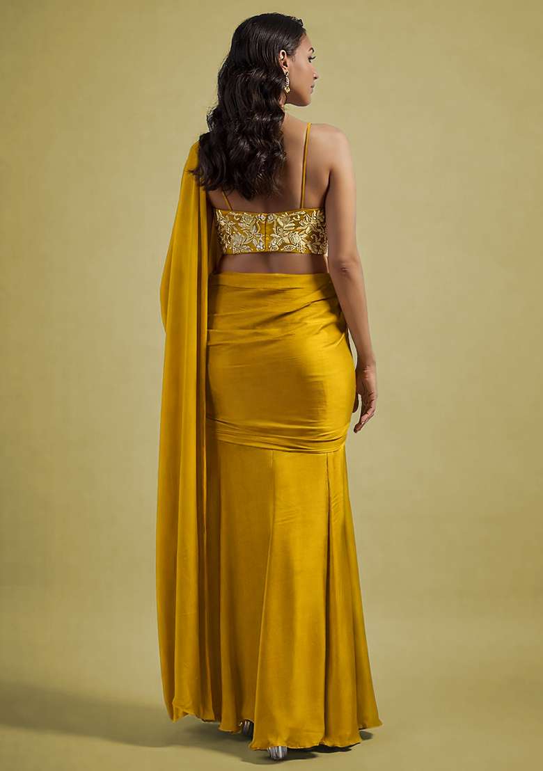 Golden Yellow Hand Work Embellished Satin Pre Draped Saree Set - Indya
