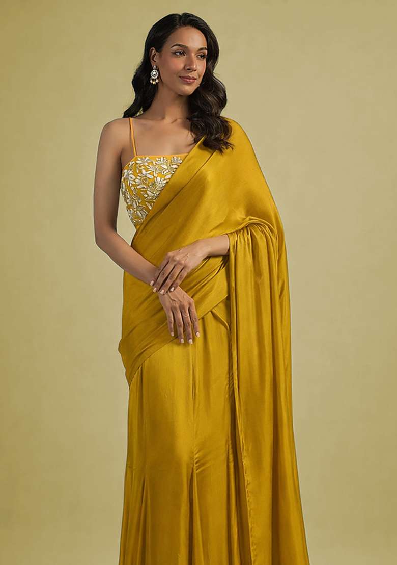 Golden Yellow Hand Work Embellished Satin Pre Draped Saree Set - Indya