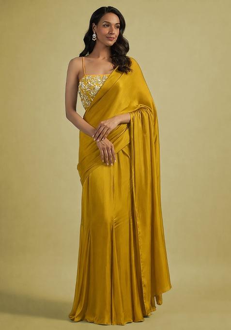 Golden Yellow Hand Work Embellished Satin Pre Draped Saree Set