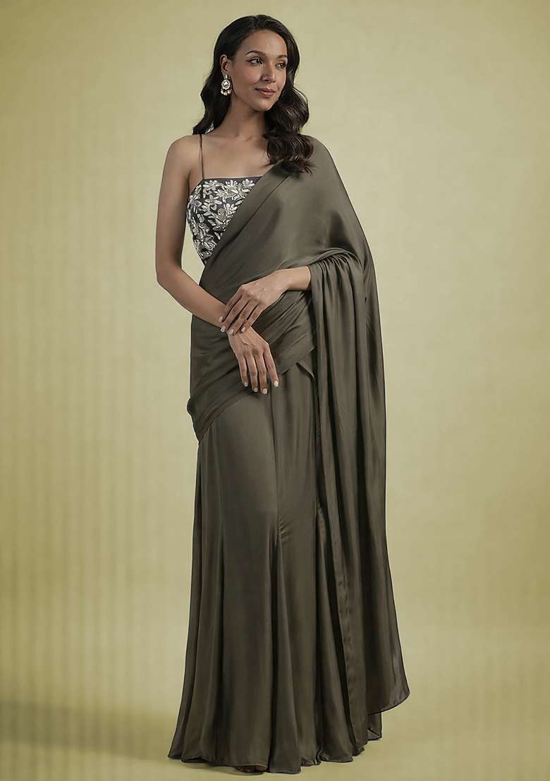 Dark Grey Hand Work Embellished Satin Pre Draped Saree Set - Indya