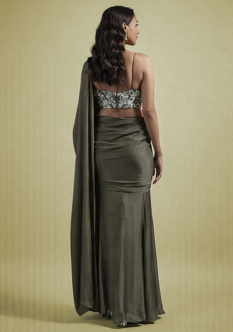 Dark Grey Hand Work Embellished Satin Pre Draped Saree Set - Indya