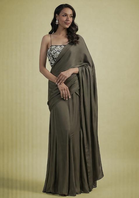 Dark Grey Hand Work Embellished Satin Pre Draped Saree Set