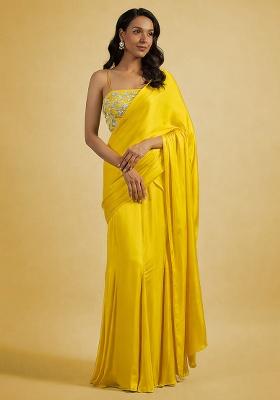 Bright Yellow Hand Work Embellished Satin Pre Draped Saree Set