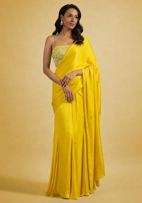 Bright Yellow Hand Work Embellished Satin Pre Draped Saree Set