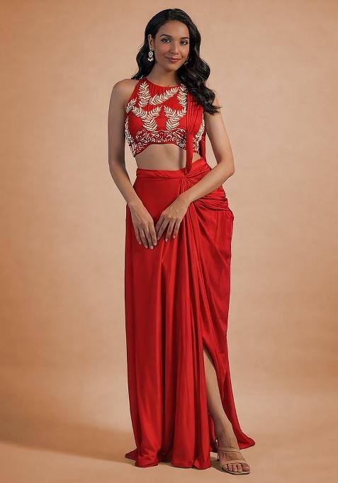 Deep Red Hand Work Embellished Satin Pre Draped Saree Set