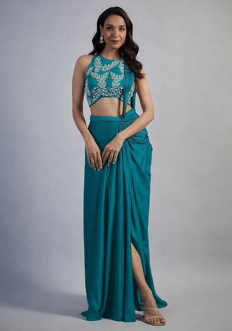 Deep Blue Hand Work Embellished Satin Pre Draped Saree Set