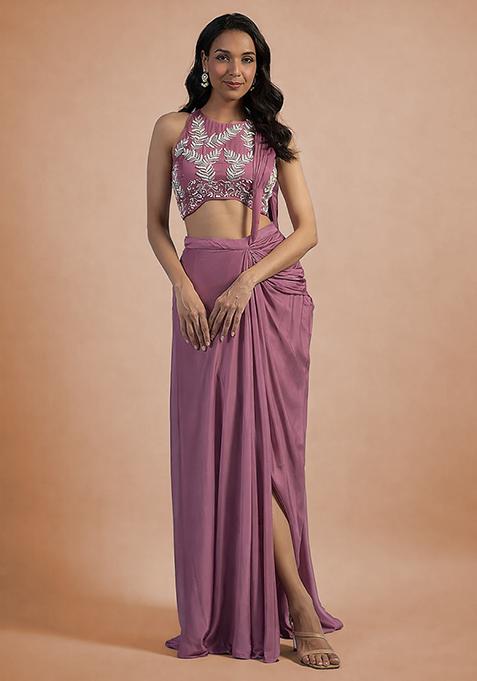 Mauve Hand Work Embellished Satin Pre Draped Saree Set