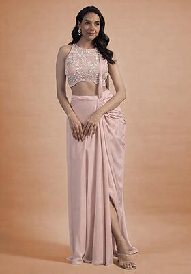 Blush Pink Hand Work Embellished Satin Pre Draped Saree Set