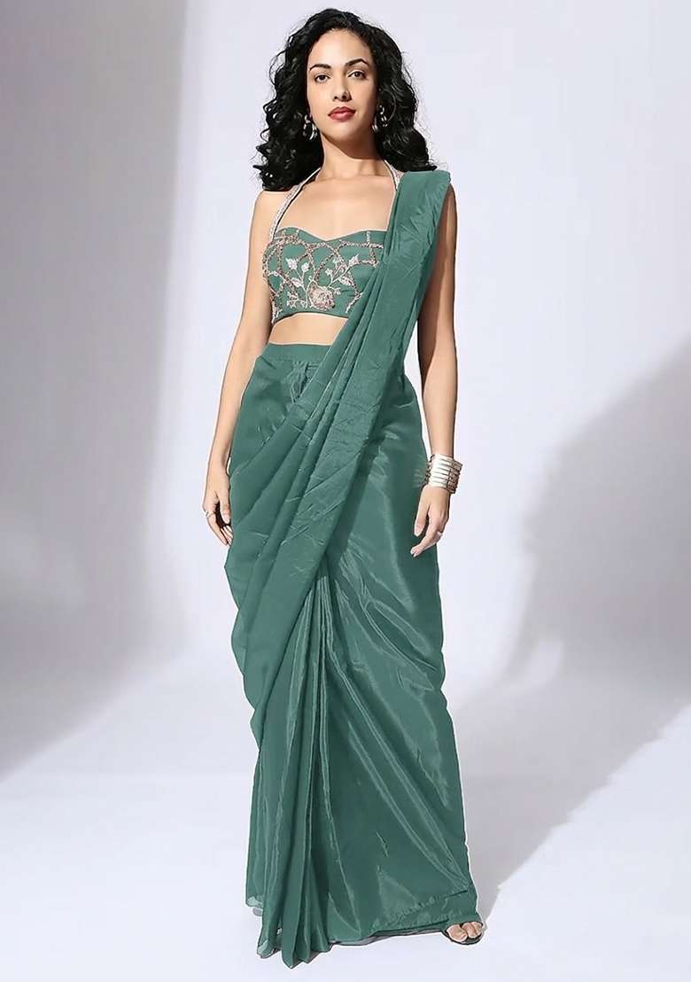 Light Green Hand Work Embellished Silk Blend Pre Draped Saree Set - Indya