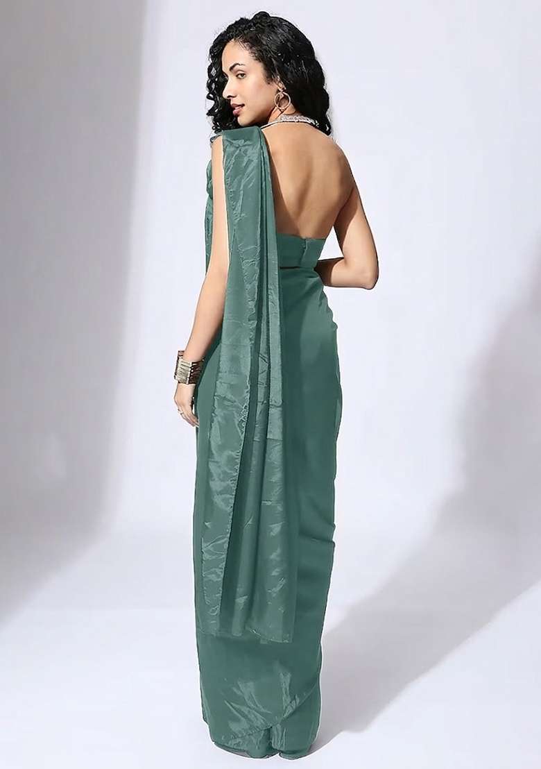 Light Green Hand Work Embellished Silk Blend Pre Draped Saree Set - Indya