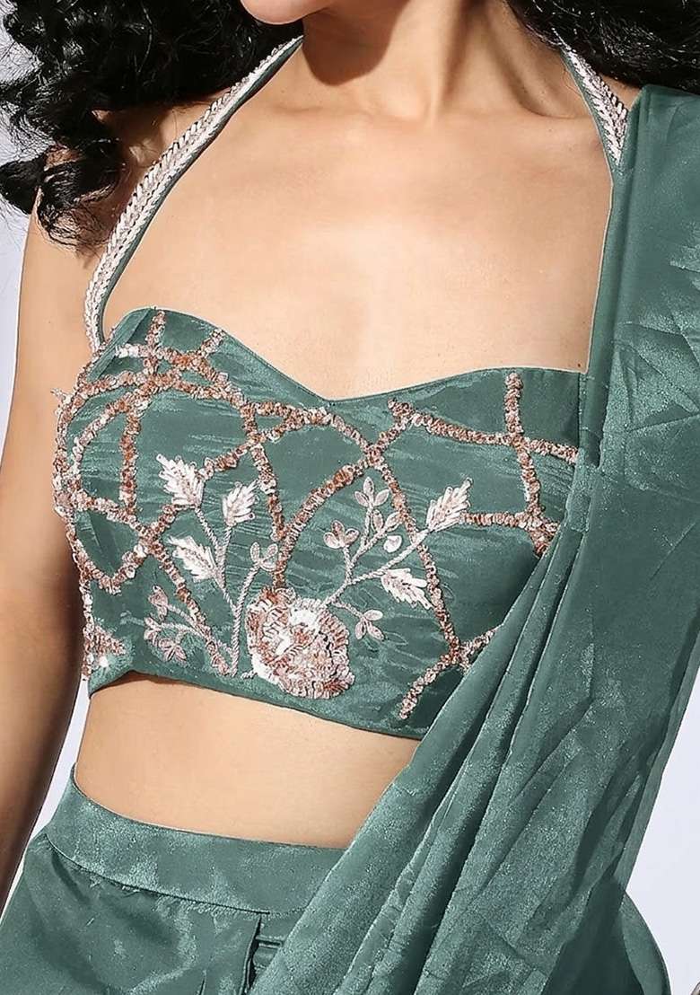 Light Green Hand Work Embellished Silk Blend Pre Draped Saree Set - Indya