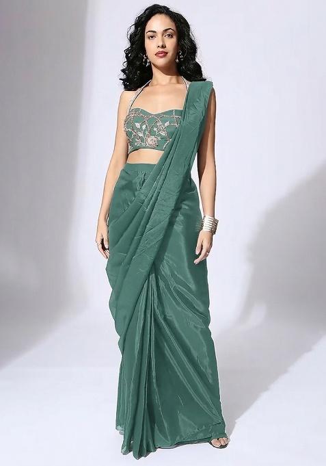 Light Green Hand Work Embellished Silk Pre Draped Saree Set
