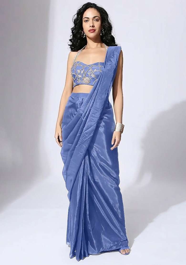 Deep Blue Hand Work Embellished Silk Blend Pre Draped Saree Set - Indya